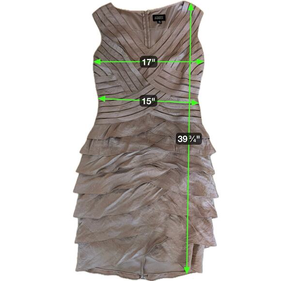 Adrianna Papell Tiered Sheath Dress Taupe V-Neck Ruched Size 10 - Picture 6 of 6